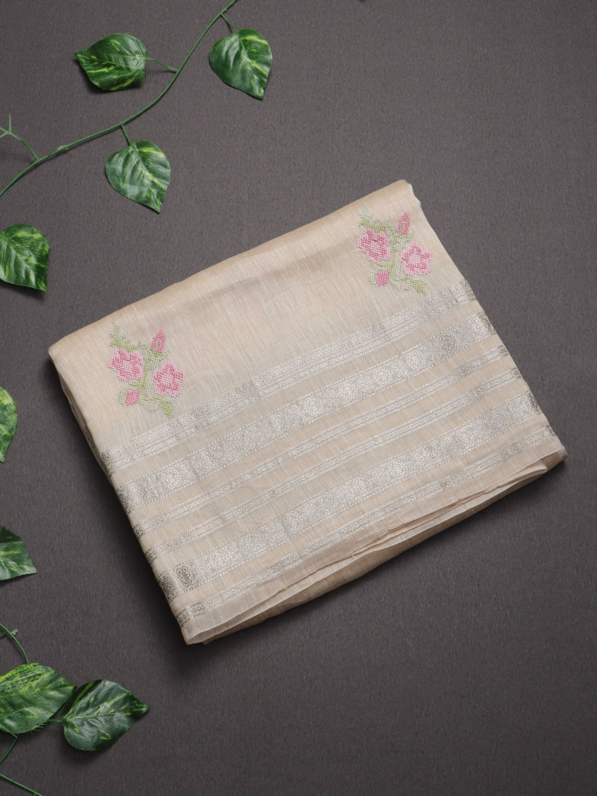 Beige Embroidery Pure Linen Saree (Swara)