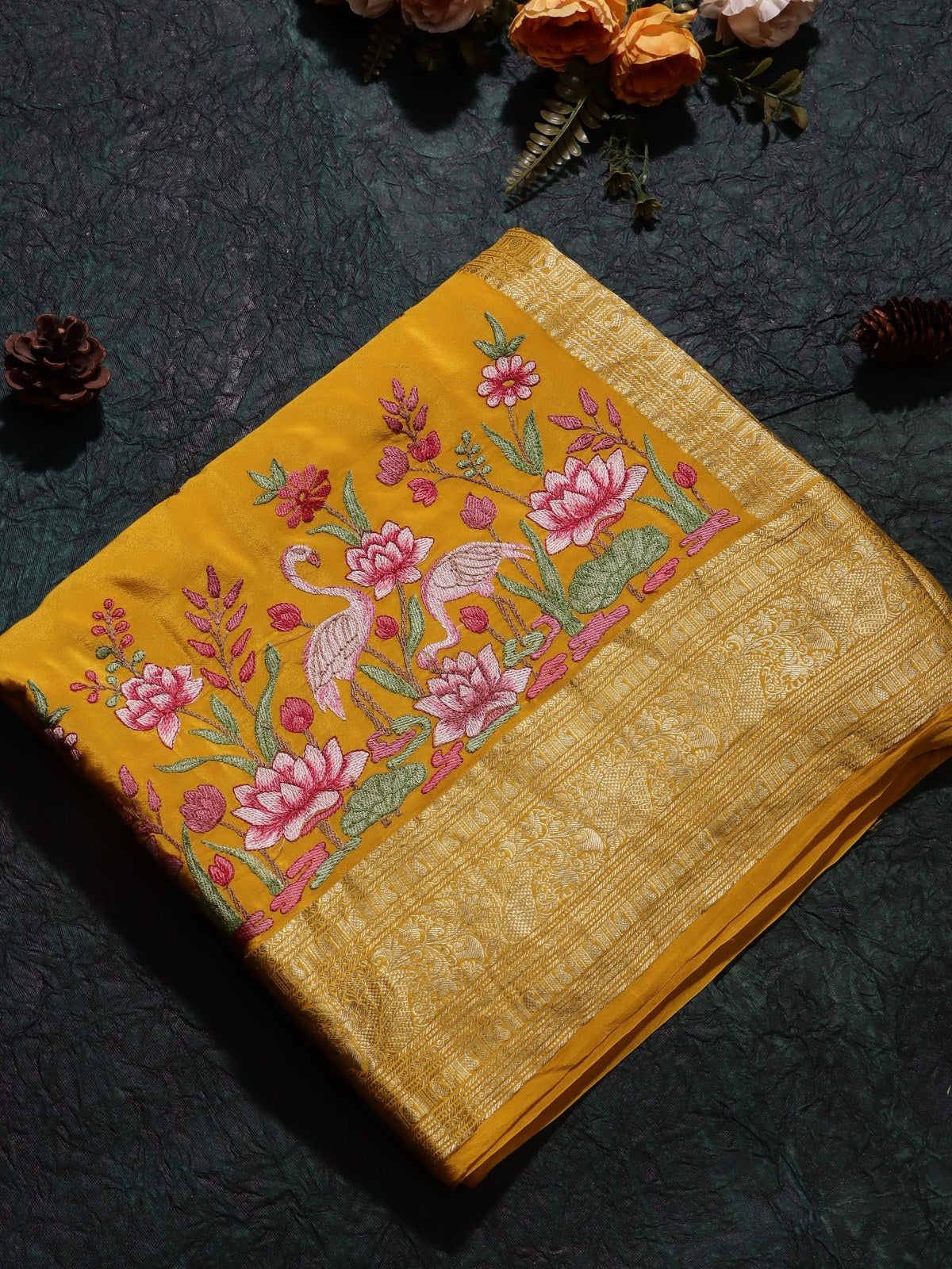 Mustard Yellow Embroidery Pure Mysore Crepe Silk Saree (Swara)