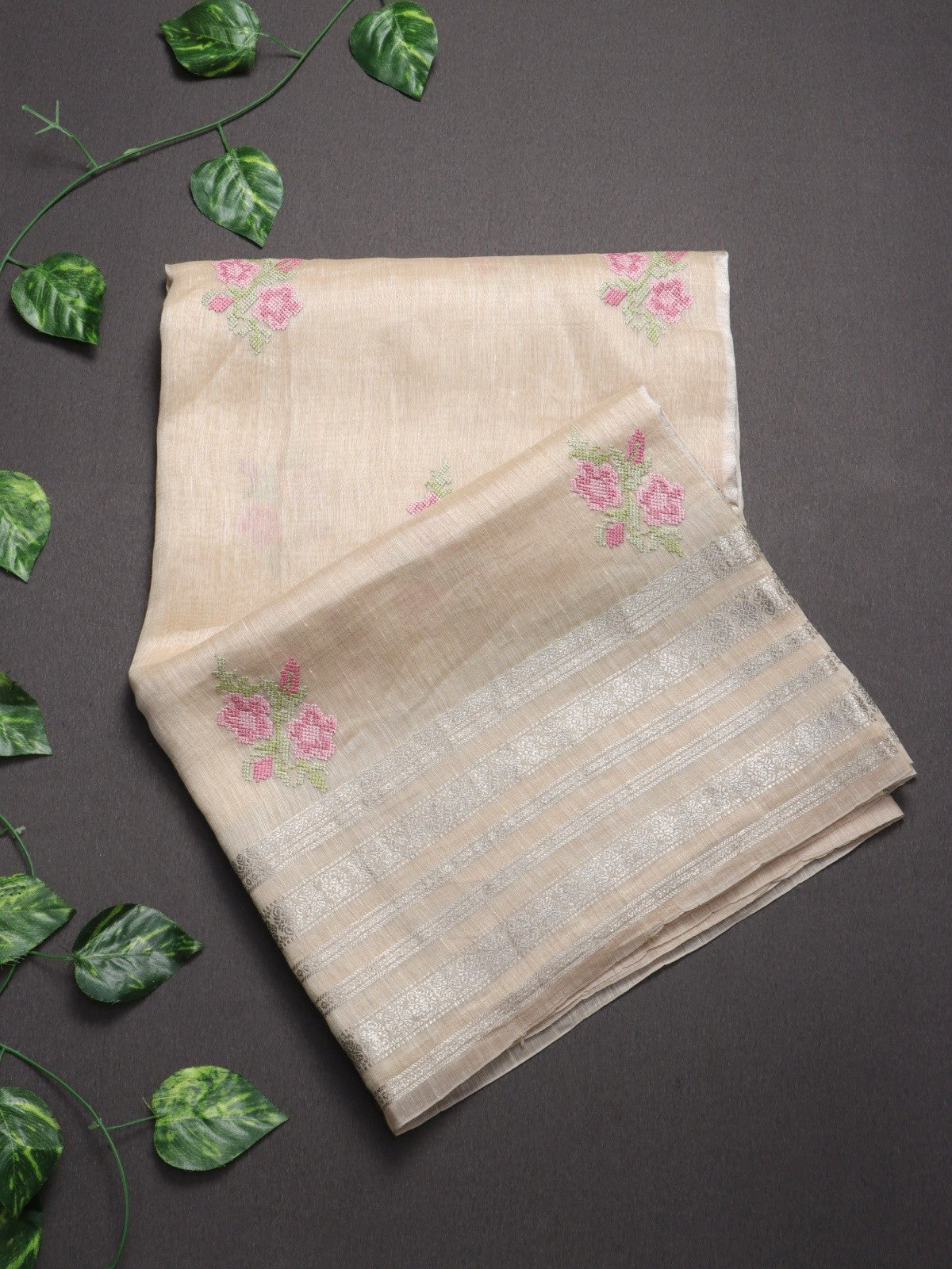 Beige Embroidery Pure Linen Saree (Swara)