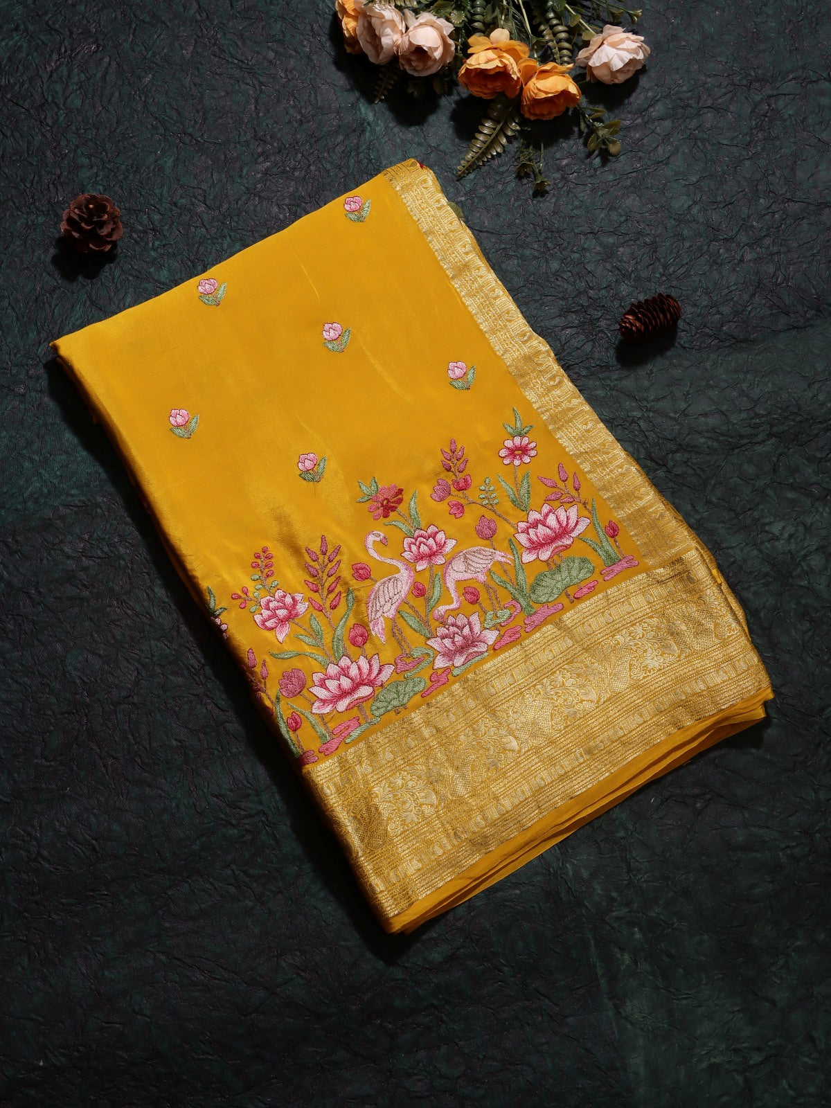 Mustard Yellow Embroidery Pure Mysore Crepe Silk Saree (Swara)