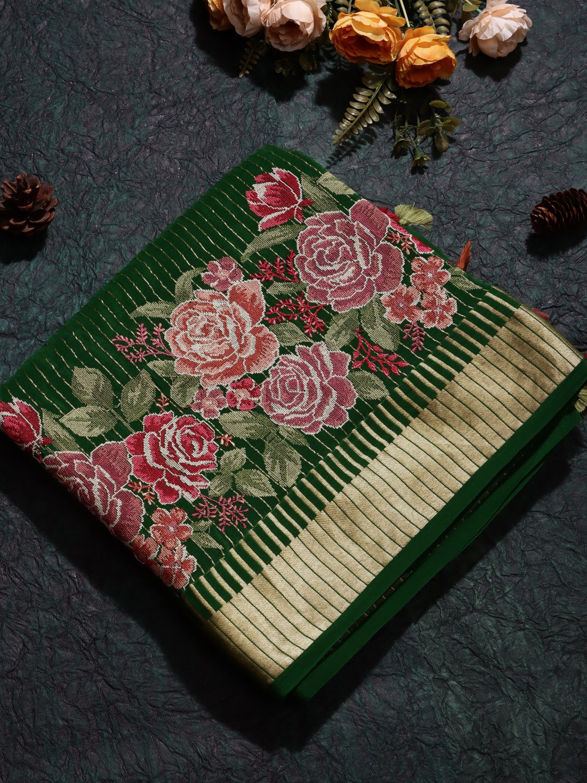 Bottle Green Pure Mysore Crepe Silk Saree (Swara)
