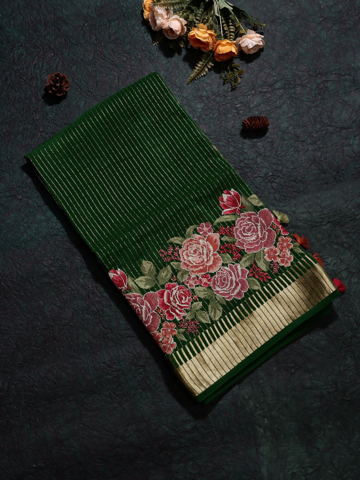 Bottle Green Pure Mysore Crepe Silk Saree (Swara)