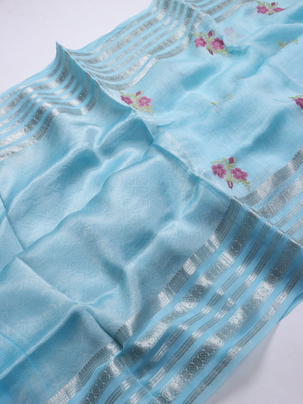 Blue Embroidery Pure Linen Saree (Swara)