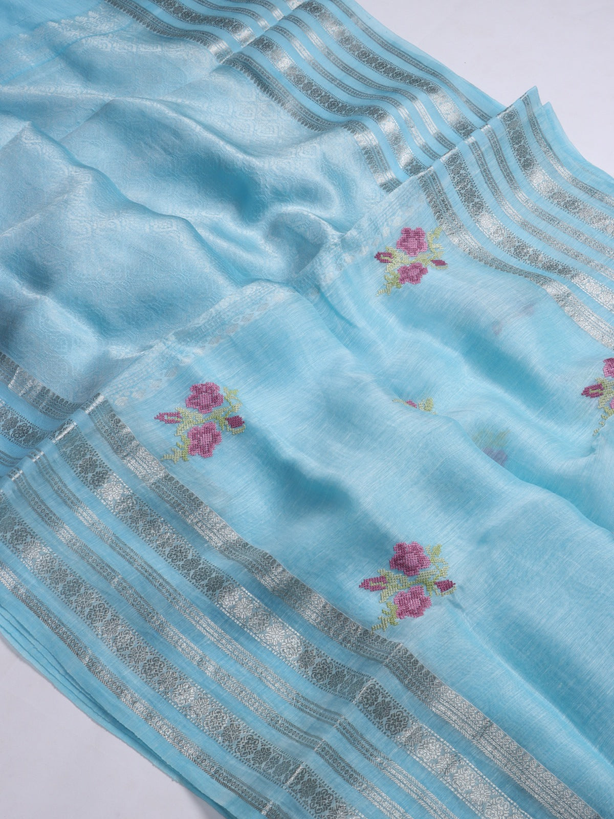 Blue Embroidery Pure Linen Saree (Swara)