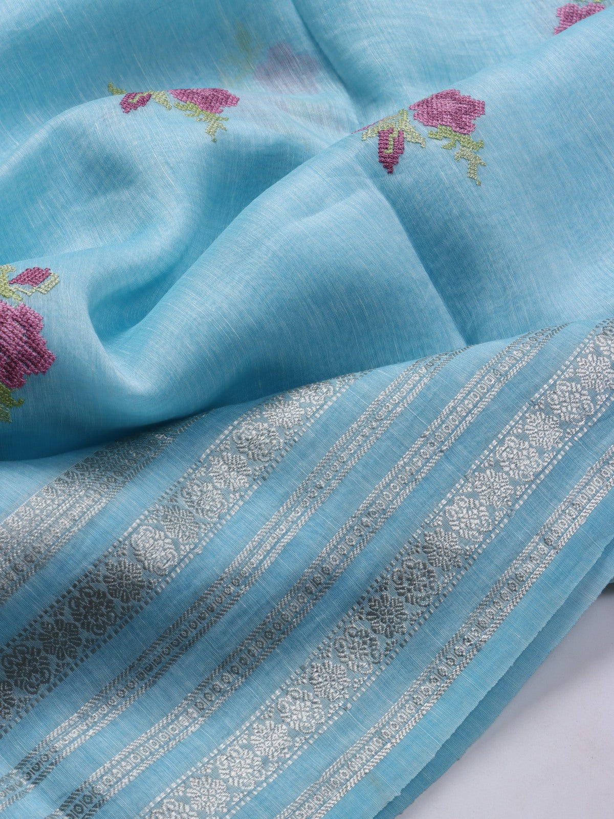 Blue Embroidery Pure Linen Saree (Swara)
