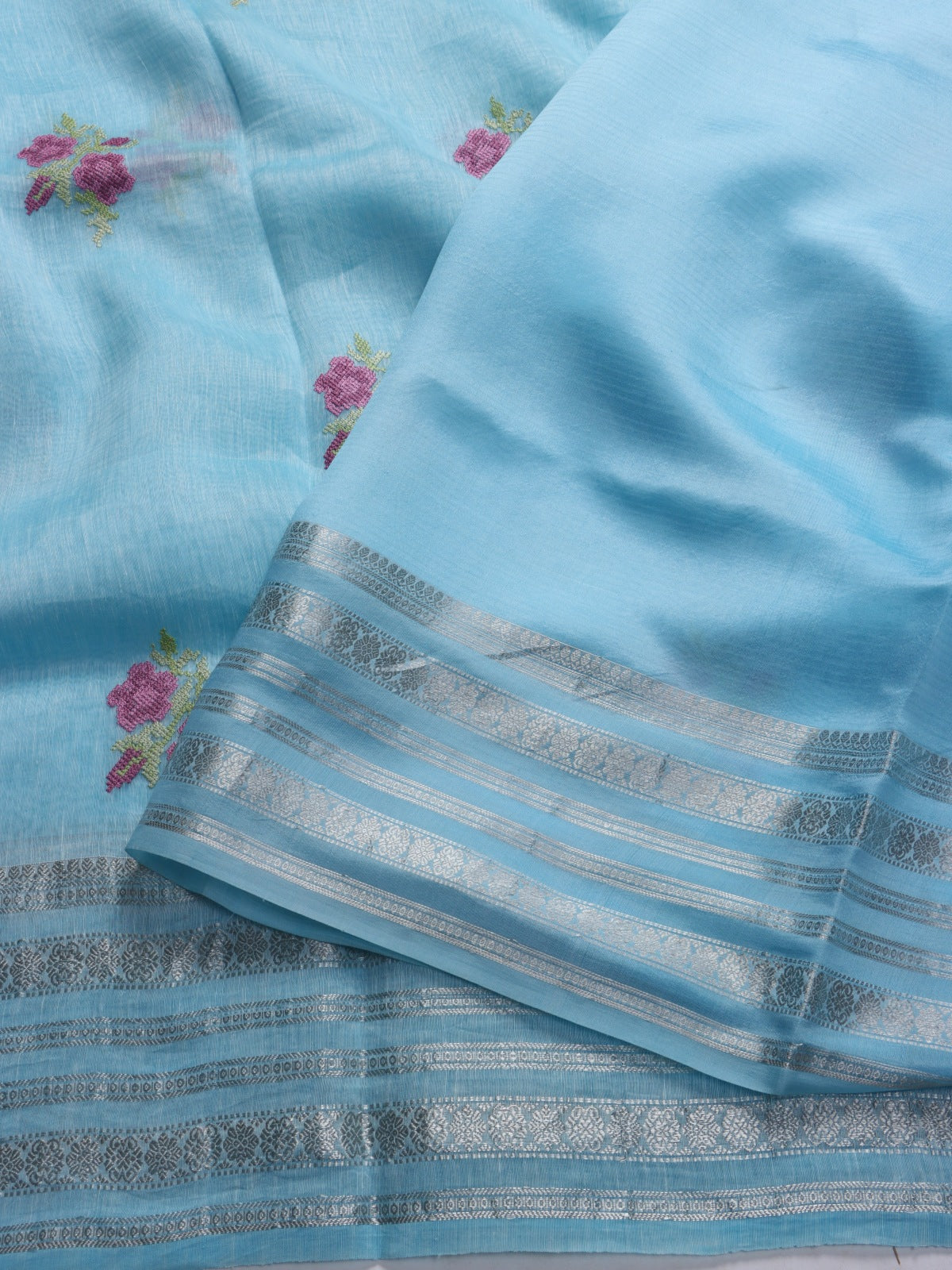 Blue Embroidery Pure Linen Saree (Swara)