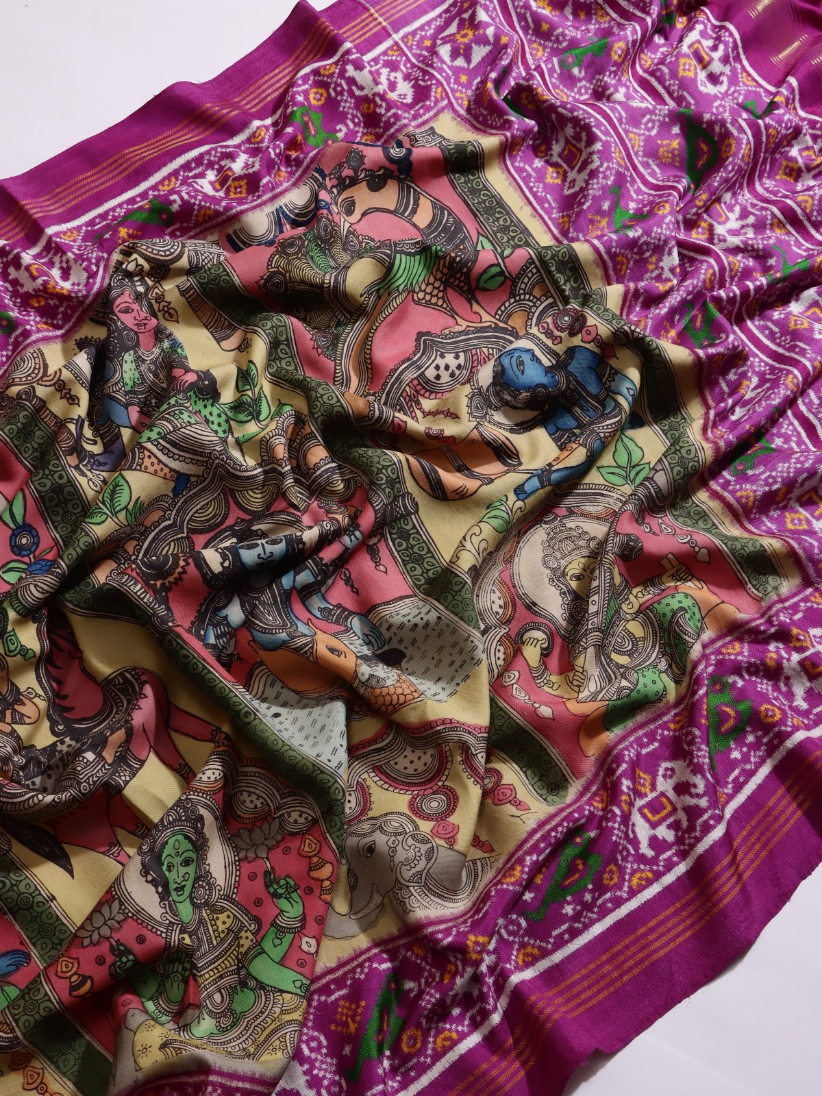 Pink Kalamkari Print Paithani Border Pure Kanchi Saree (Swara)