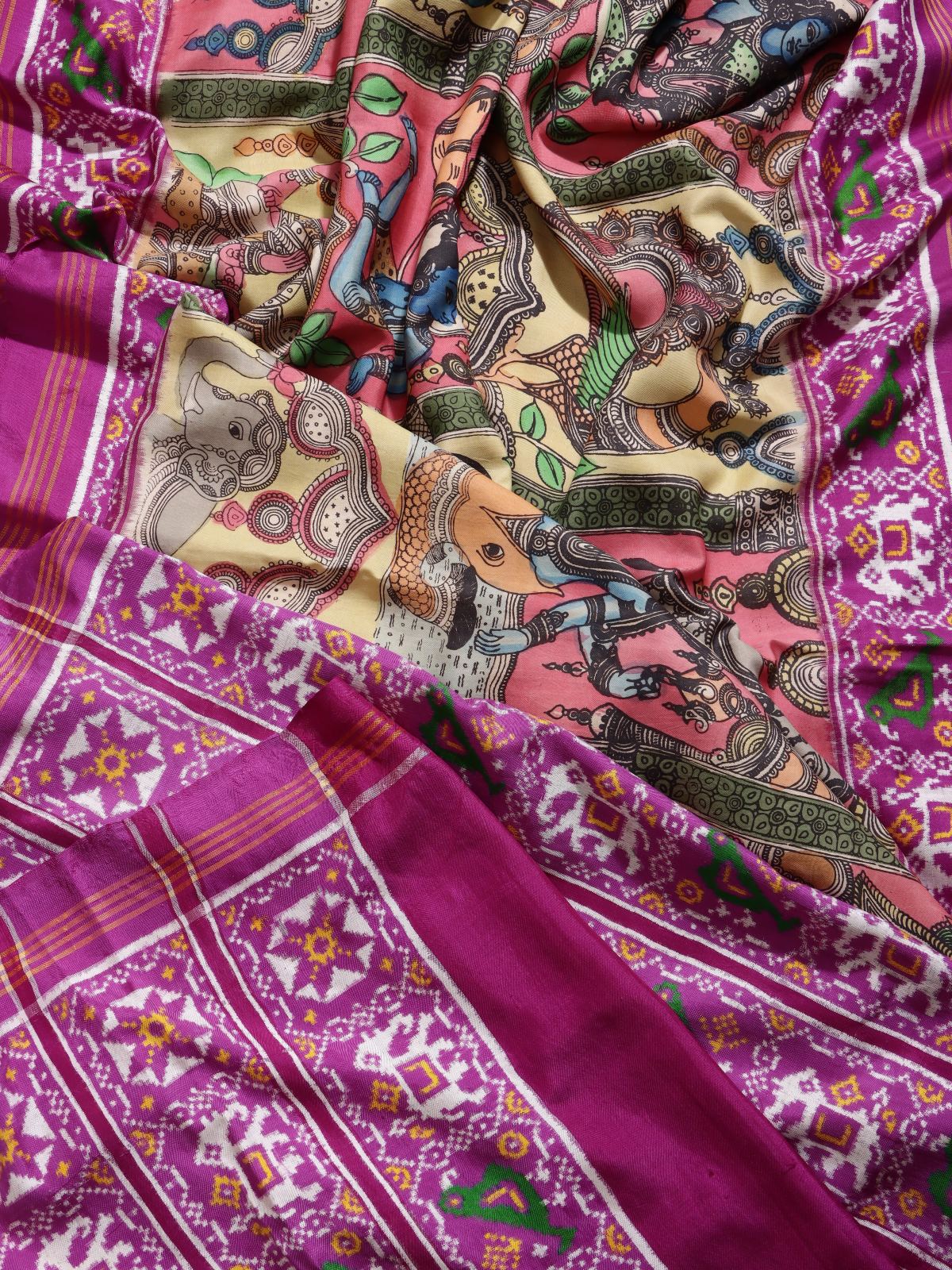 Pink Kalamkari Print Paithani Border Pure Kanchi Saree (Swara)