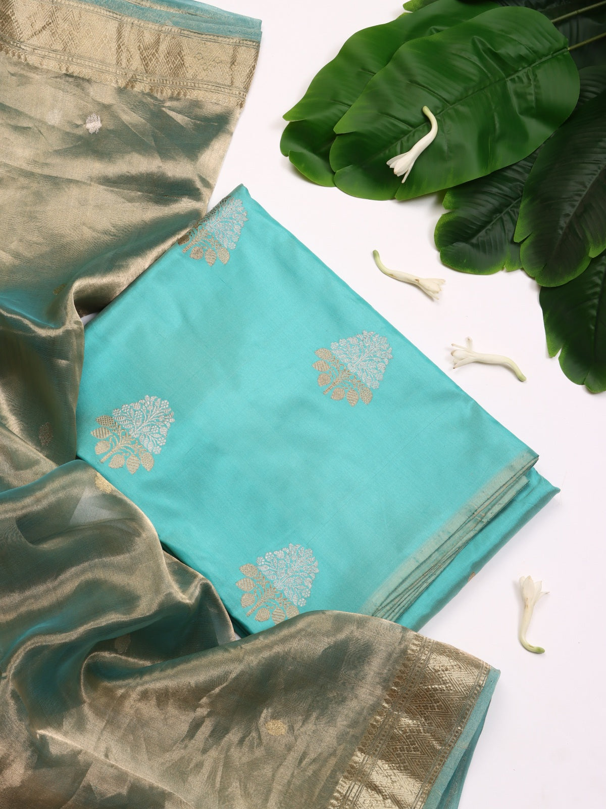 Teal Pure Kathan Banarasi Silk Dress Material (Swara)