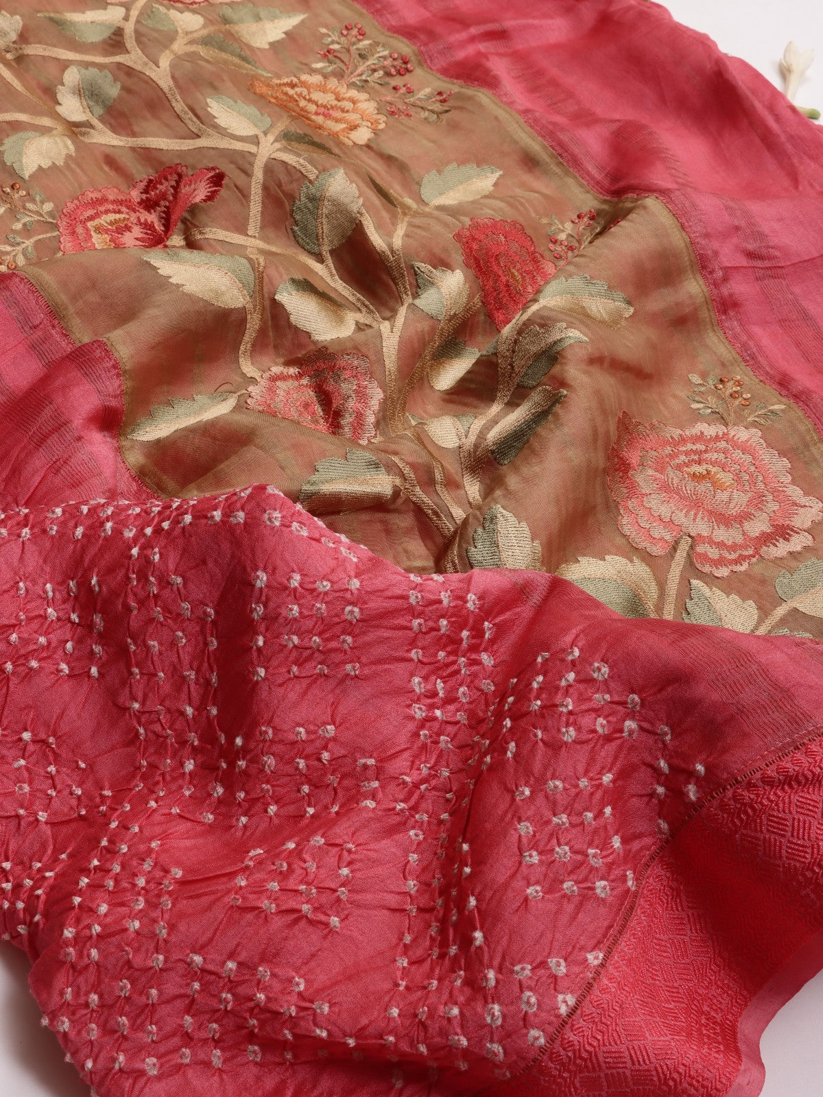 Coral Pure Bandhani Organza Saree (Swara)