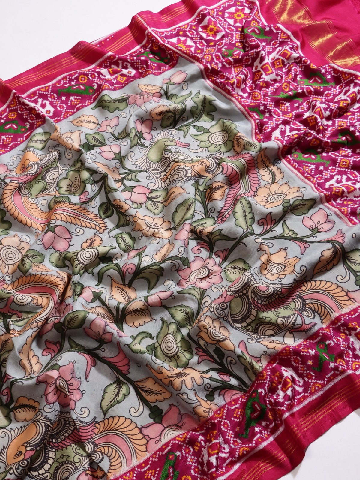 Pink Kalamkari Print Patola Border Pure Kanchi Saree (Swara)