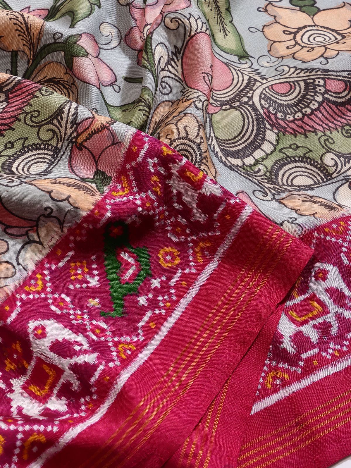 Pink Kalamkari Print Patola Border Pure Kanchi Saree (Swara)