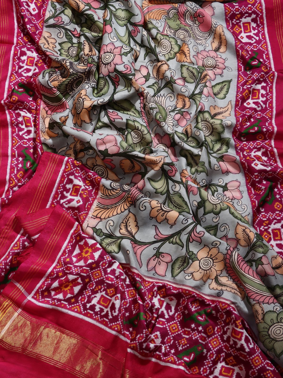 Pink Kalamkari Print Patola Border Pure Kanchi Saree (Swara)