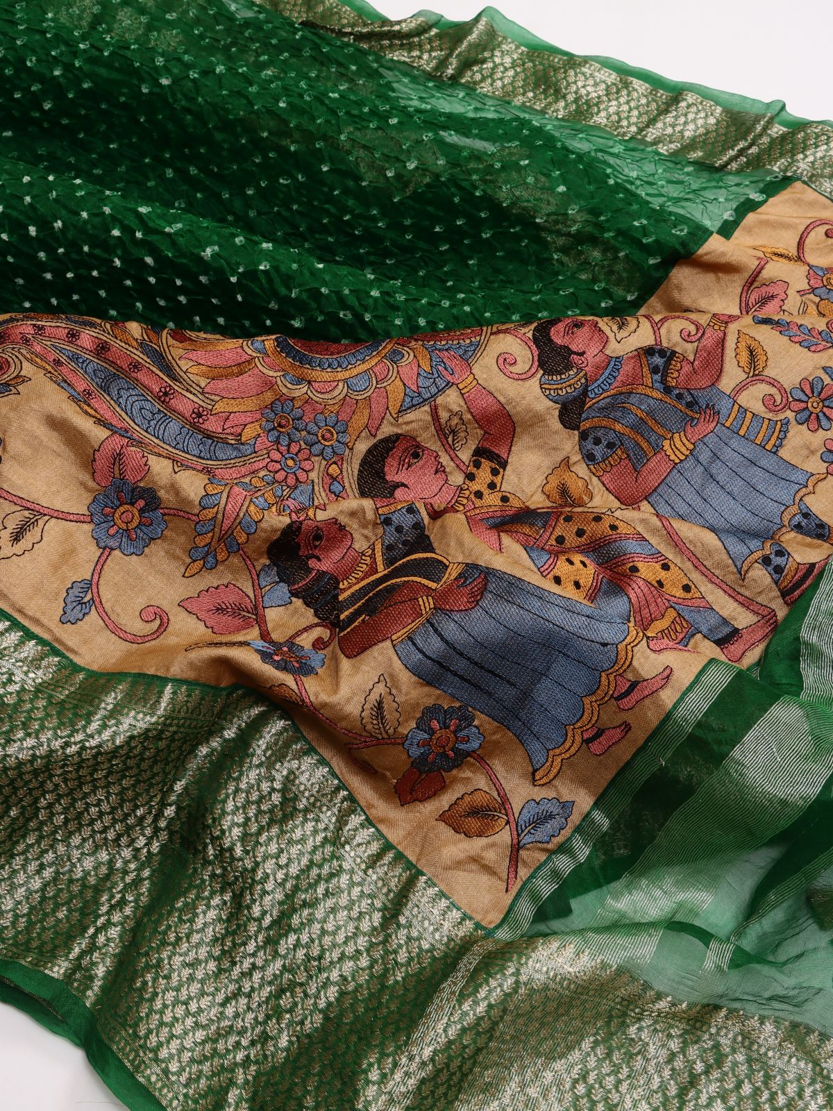 Bottle Green Pure Bandhani Organza Saree (Swara)