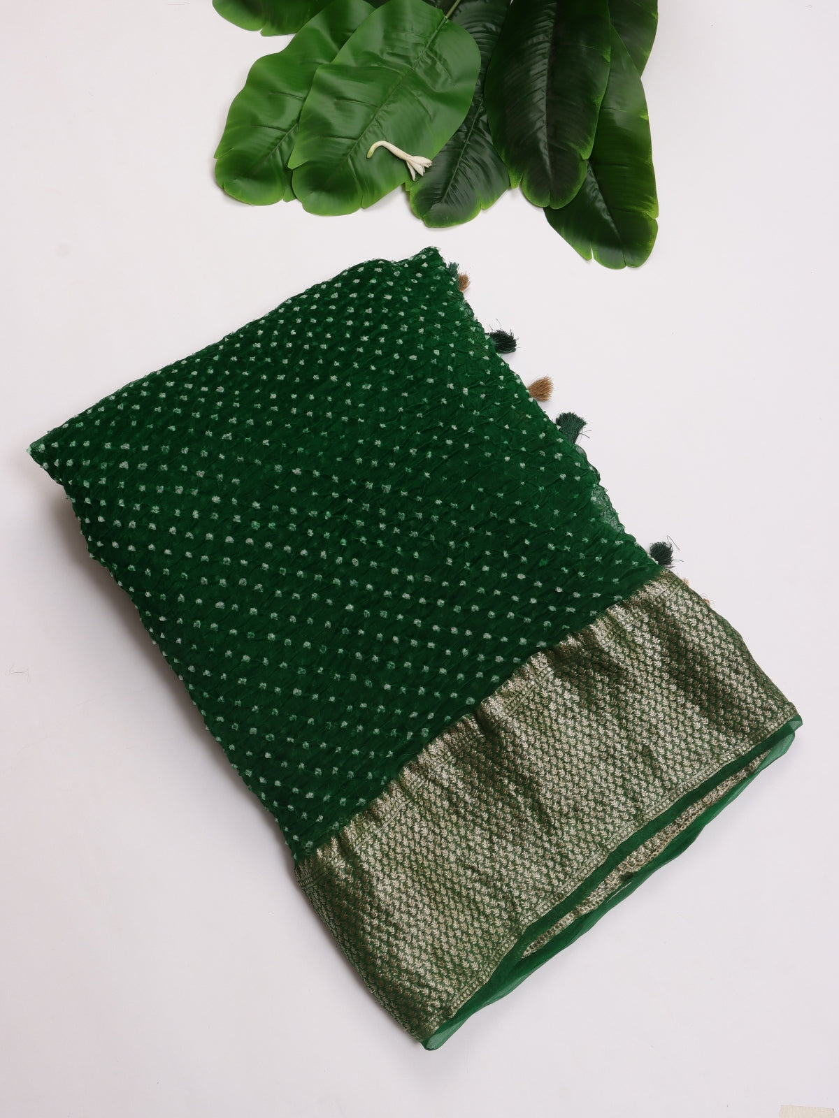 Bottle Green Pure Bandhani Organza Saree (Swara)