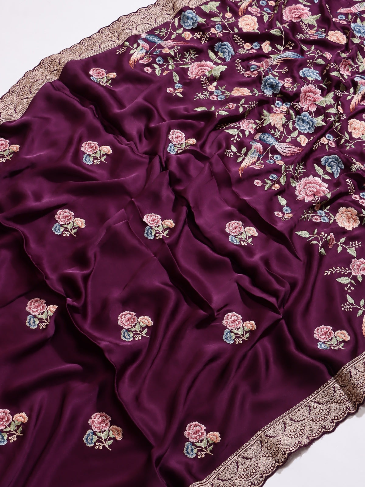 Wine Embroidery Crepe Saree (Swara)