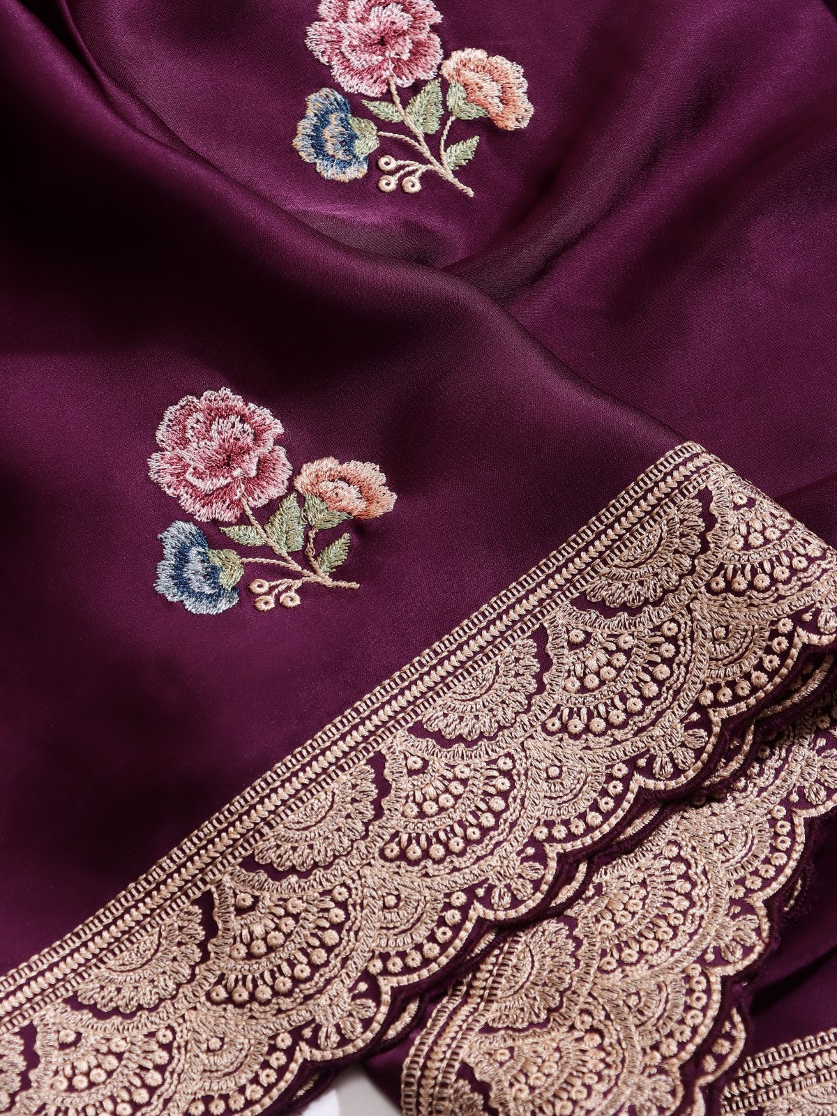 Wine Embroidery Crepe Saree (Swara)