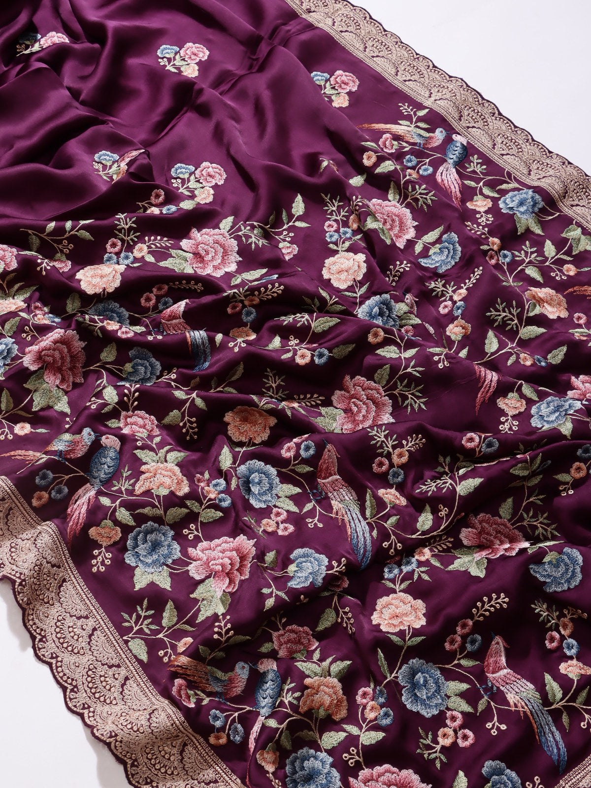Wine Embroidery Crepe Saree (Swara)