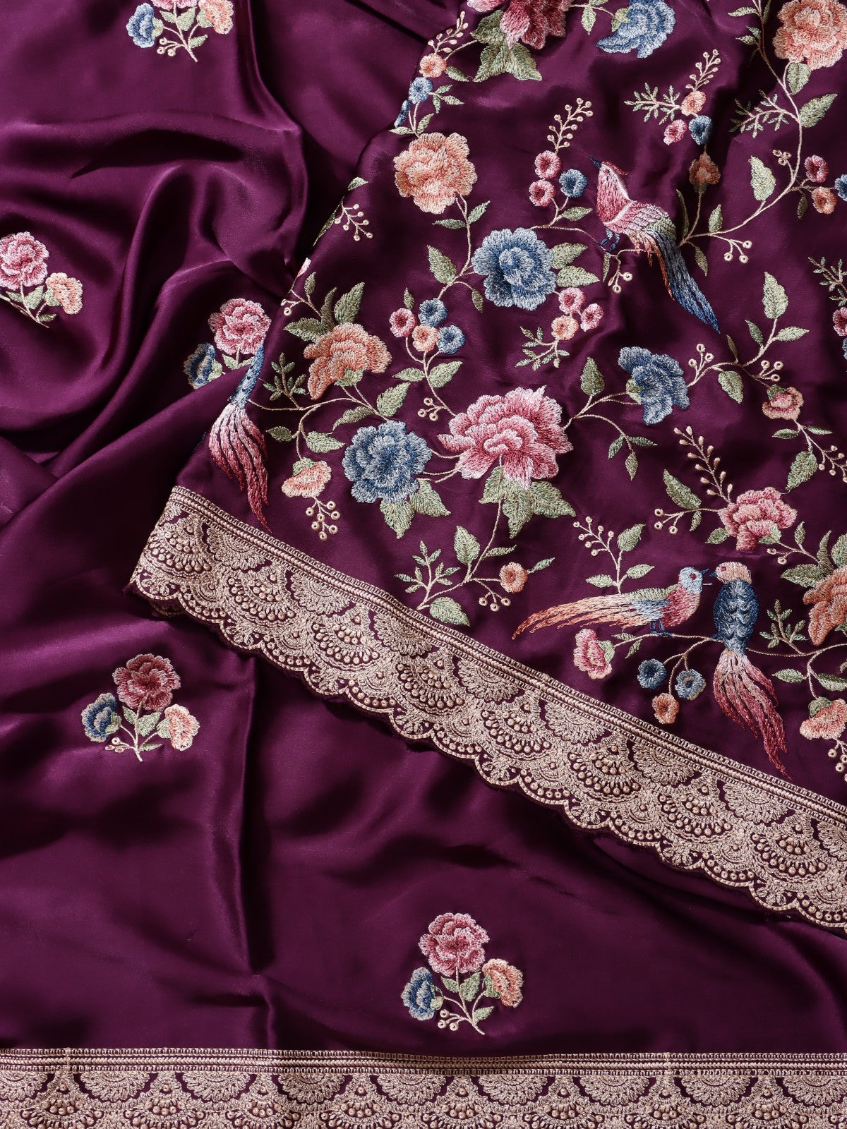 Wine Embroidery Crepe Saree (Swara)