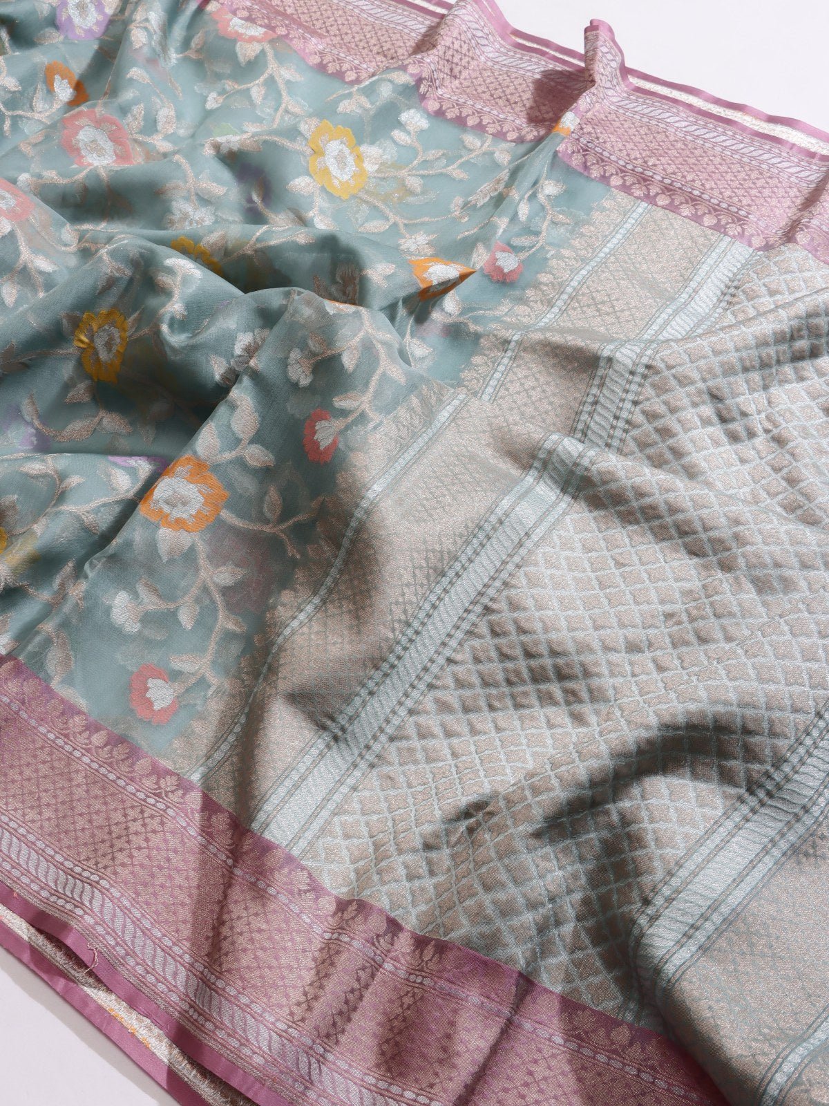 Blue Jamdani Kora Silk Saree (Swara)