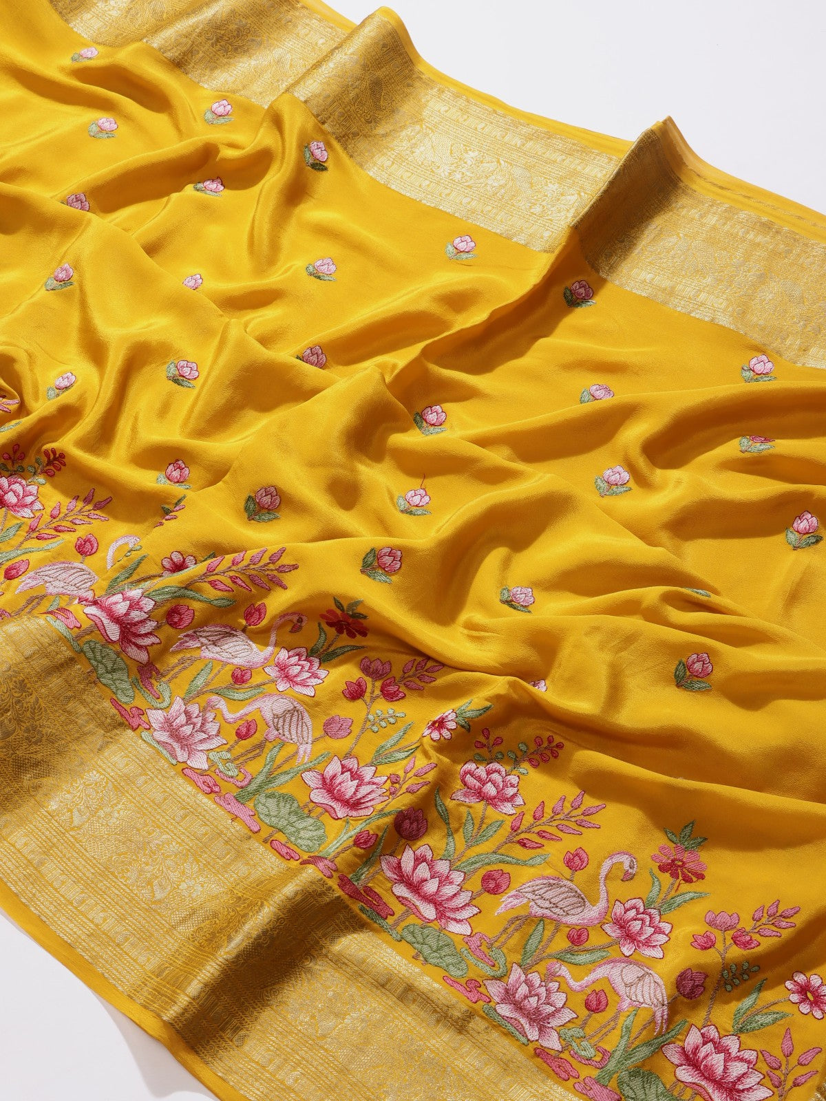 Mustard Yellow Embroidery Pure Mysore Crepe Silk Saree (Swara)