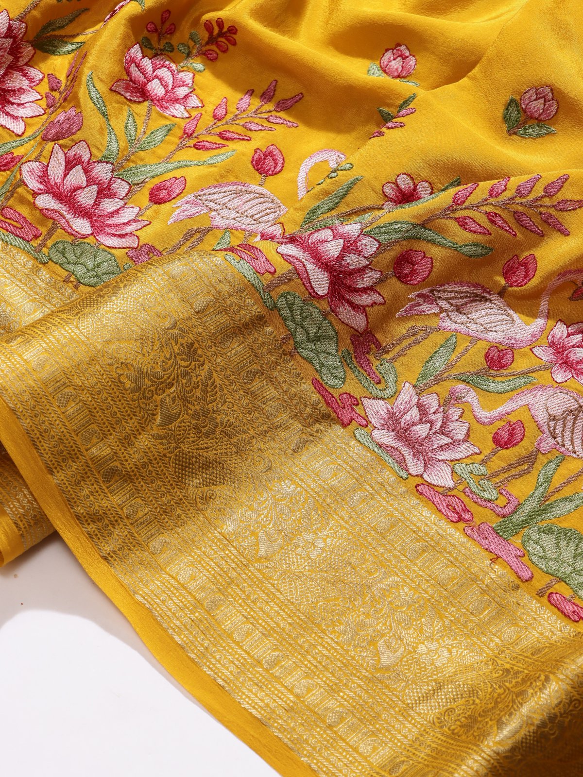 Mustard Yellow Embroidery Pure Mysore Crepe Silk Saree (Swara)