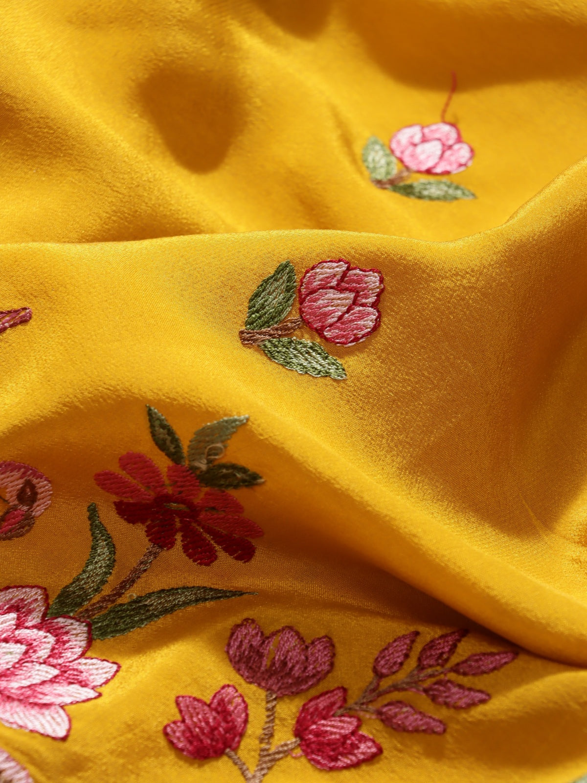 Mustard Yellow Embroidery Pure Mysore Crepe Silk Saree (Swara)
