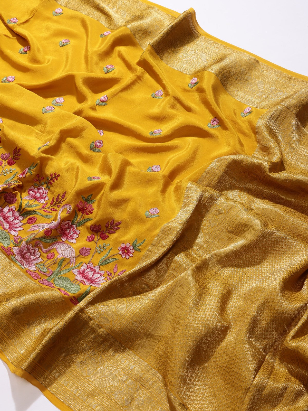 Mustard Yellow Embroidery Pure Mysore Crepe Silk Saree (Swara)