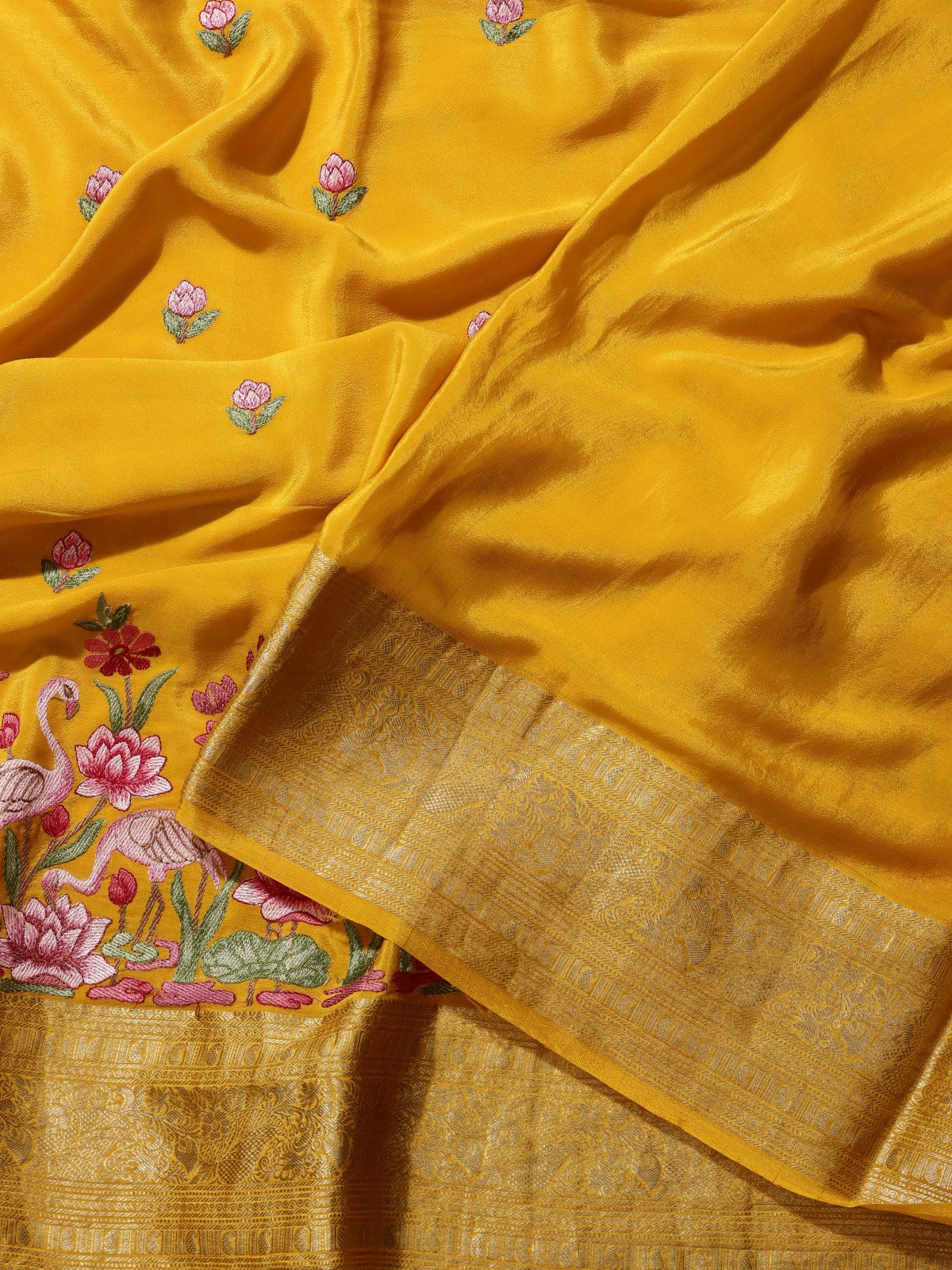 Mustard Yellow Embroidery Pure Mysore Crepe Silk Saree (Swara)