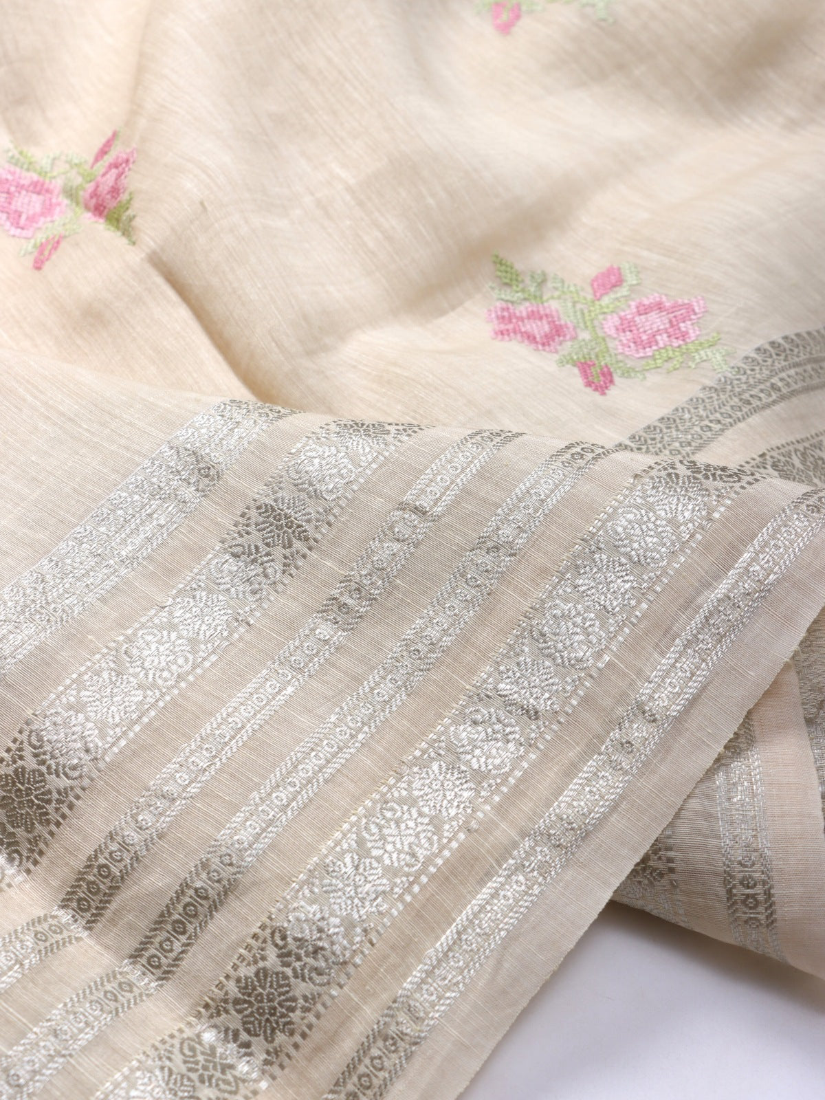 Beige Embroidery Pure Linen Saree (Swara)