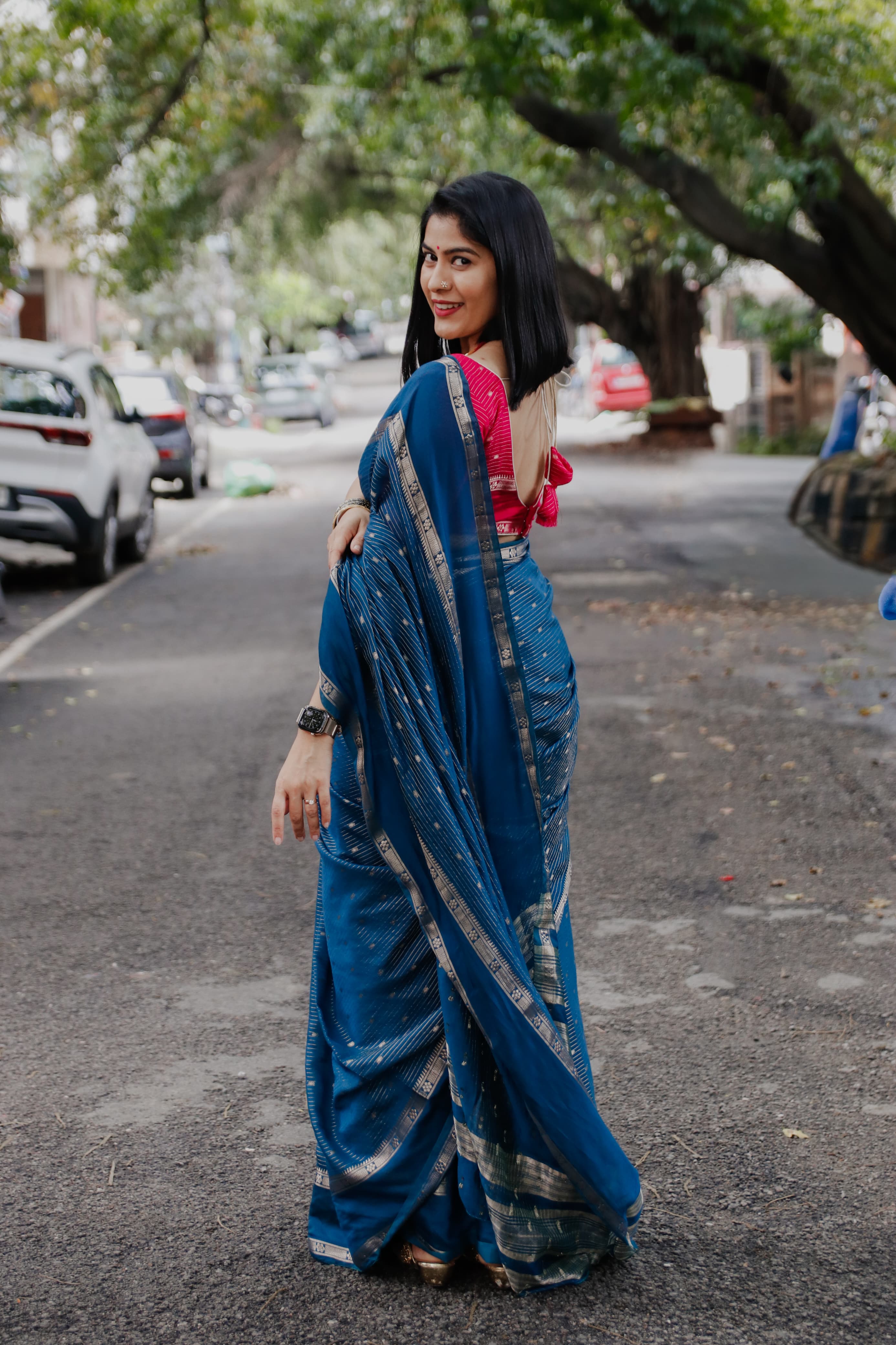 Suchira Peacock blue stripes bentex with contrast blouse saree