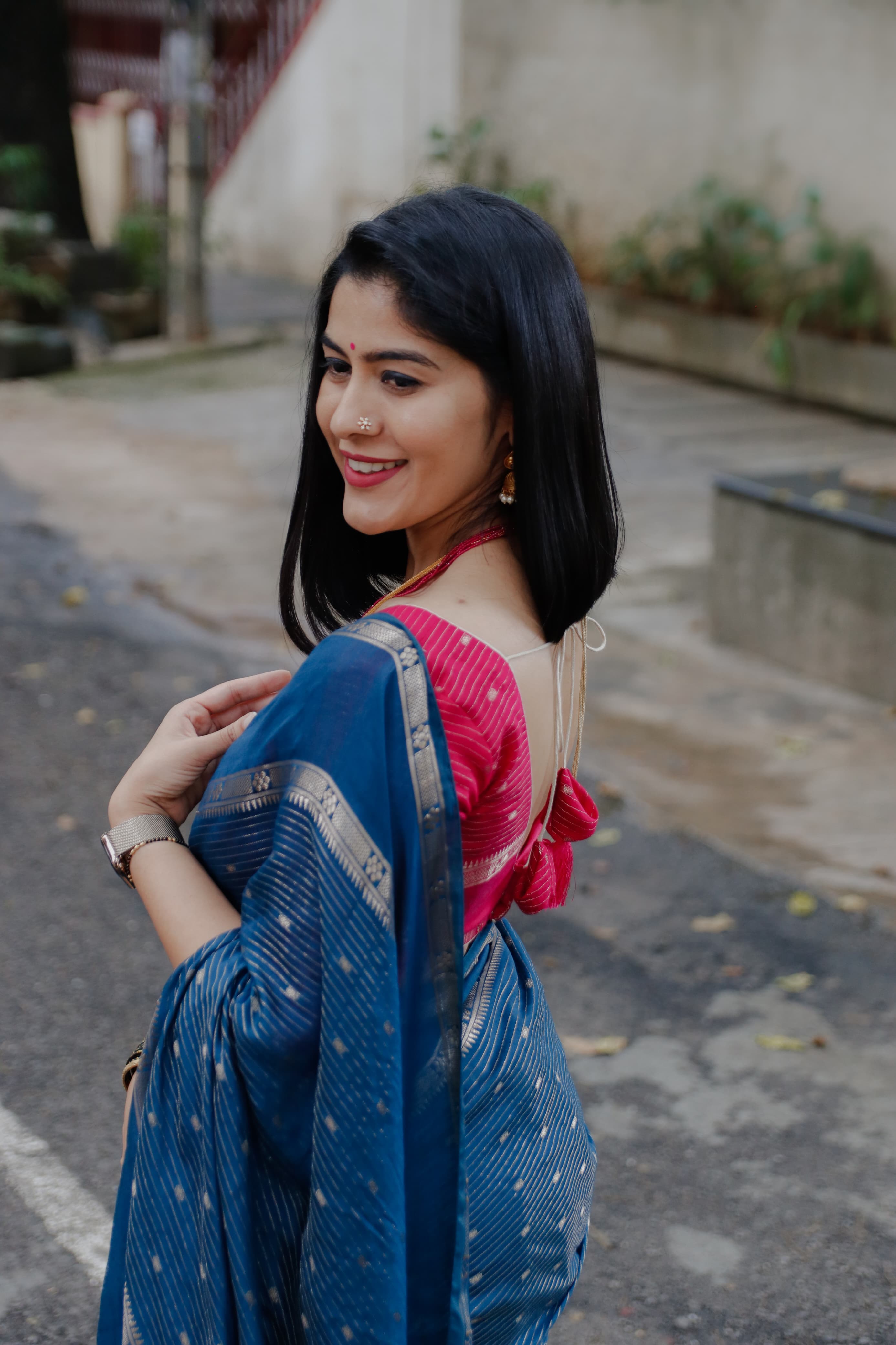 Suchira Peacock blue stripes bentex with contrast blouse saree