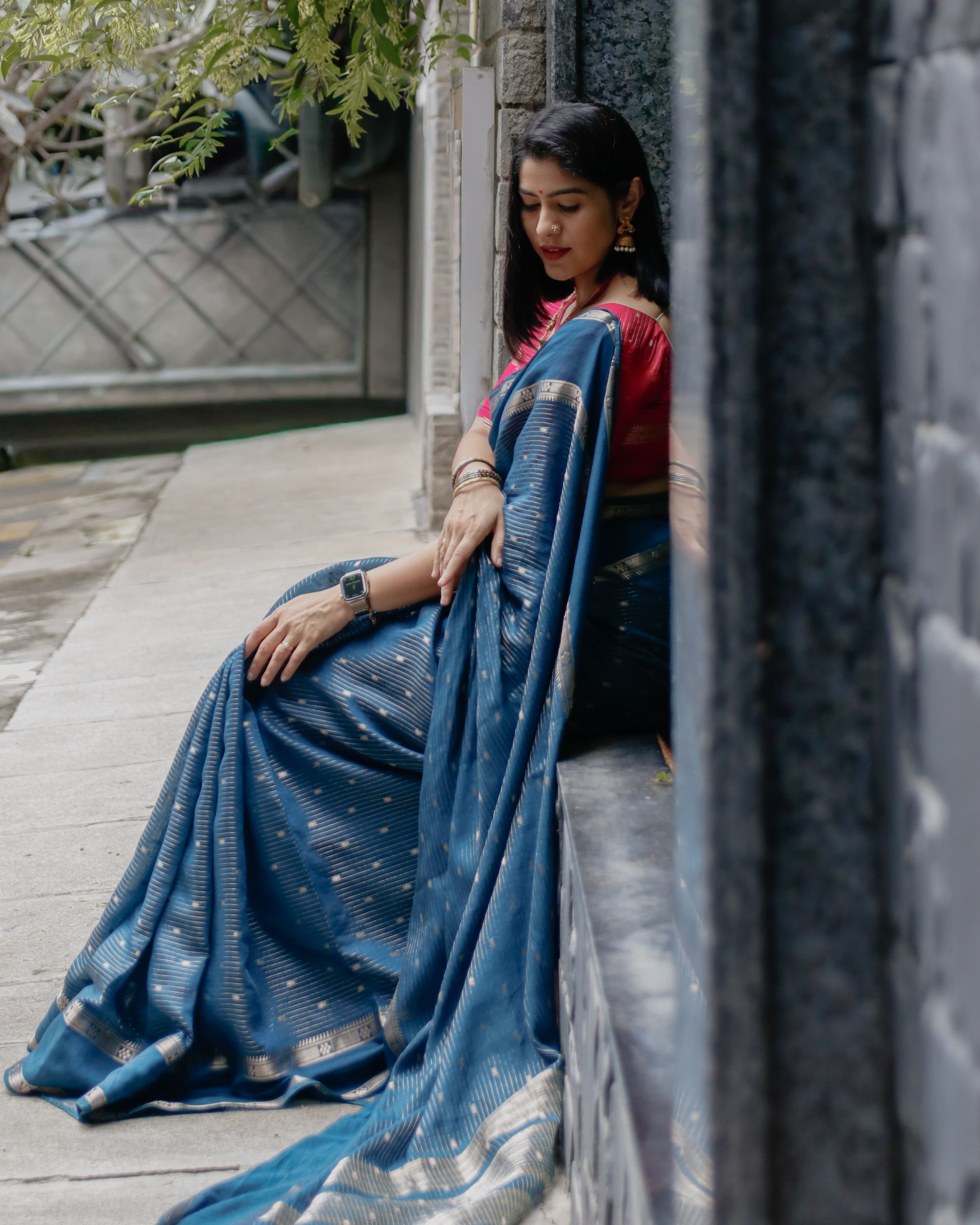 Suchira Peacock blue stripes bentex with contrast blouse saree