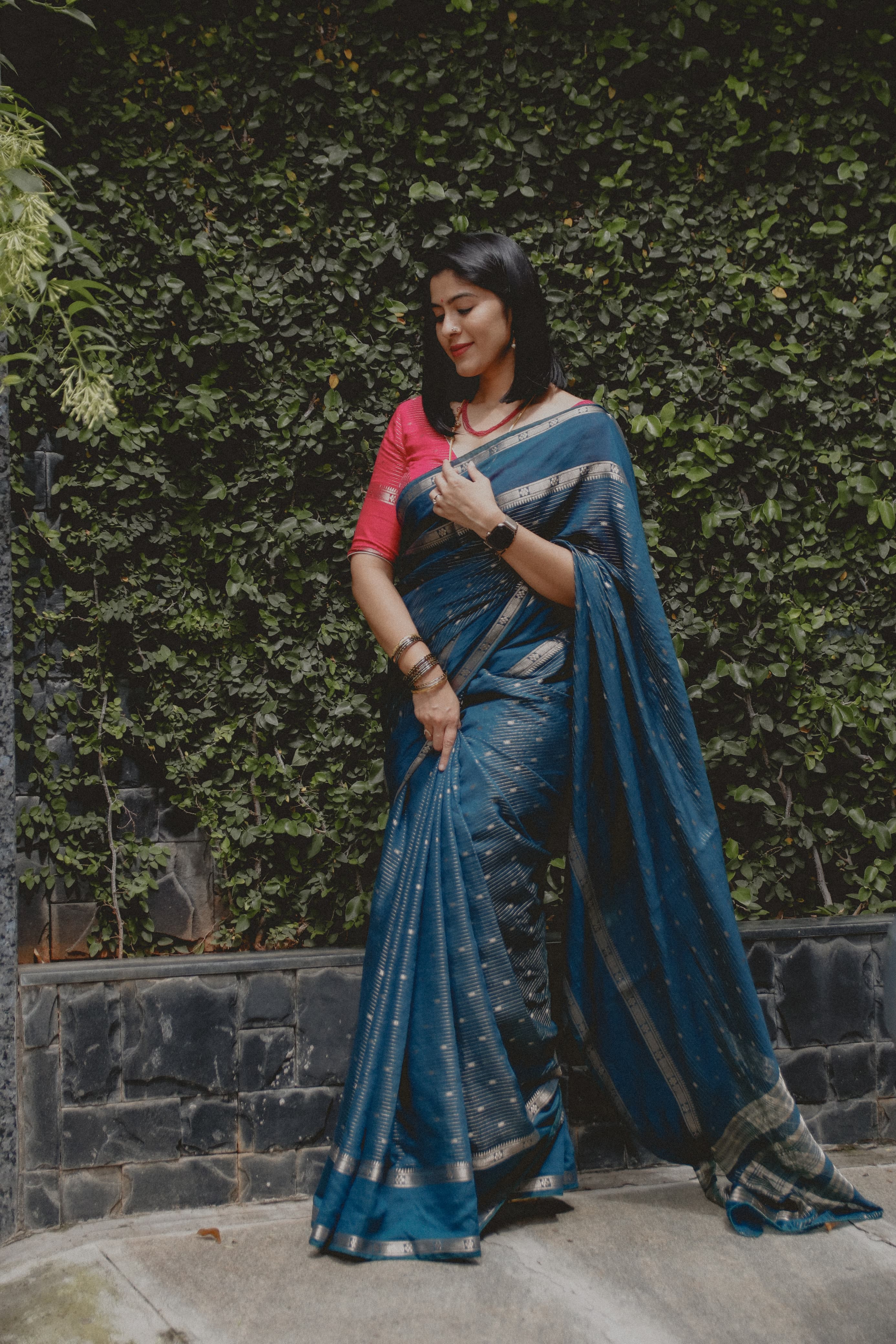 Suchira Peacock blue stripes bentex with contrast blouse saree