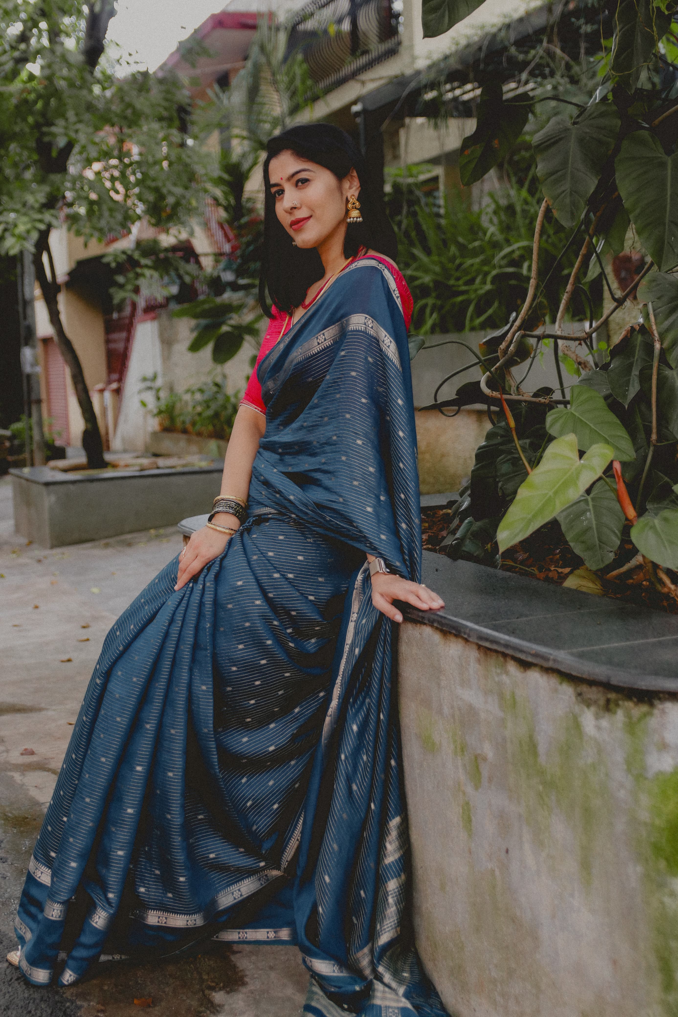 Suchira Peacock blue stripes bentex with contrast blouse saree