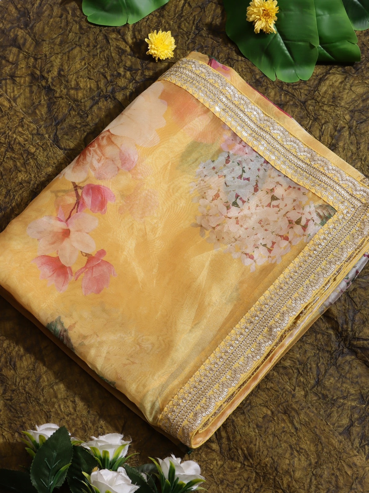 Yellow Digital Print Crepe Saree (Swara)