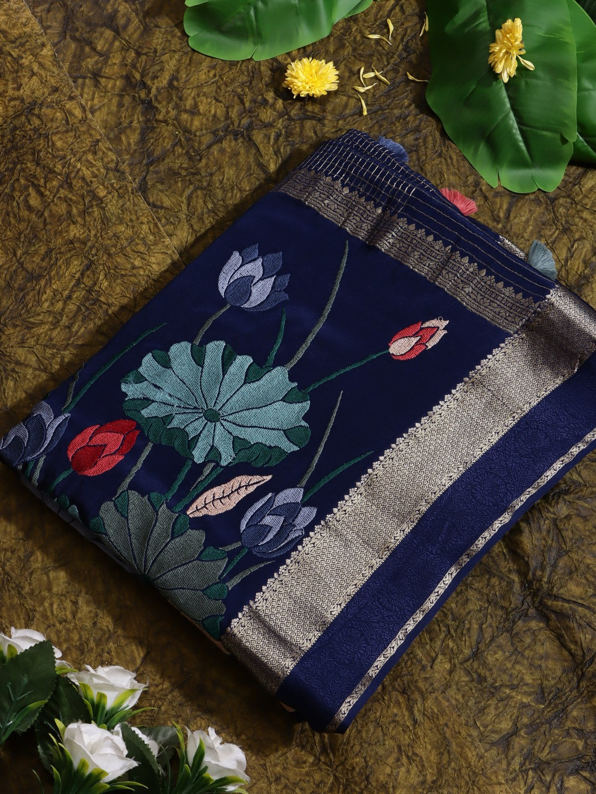Navy Blue Embroidered Mysore Crepe Silk Saree (Swara)