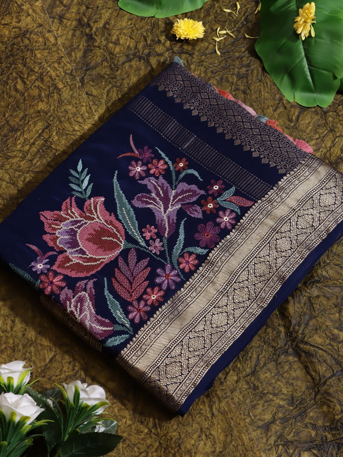 Navy Blue Embroidered Mysore Crepe Silk Saree (Swara)