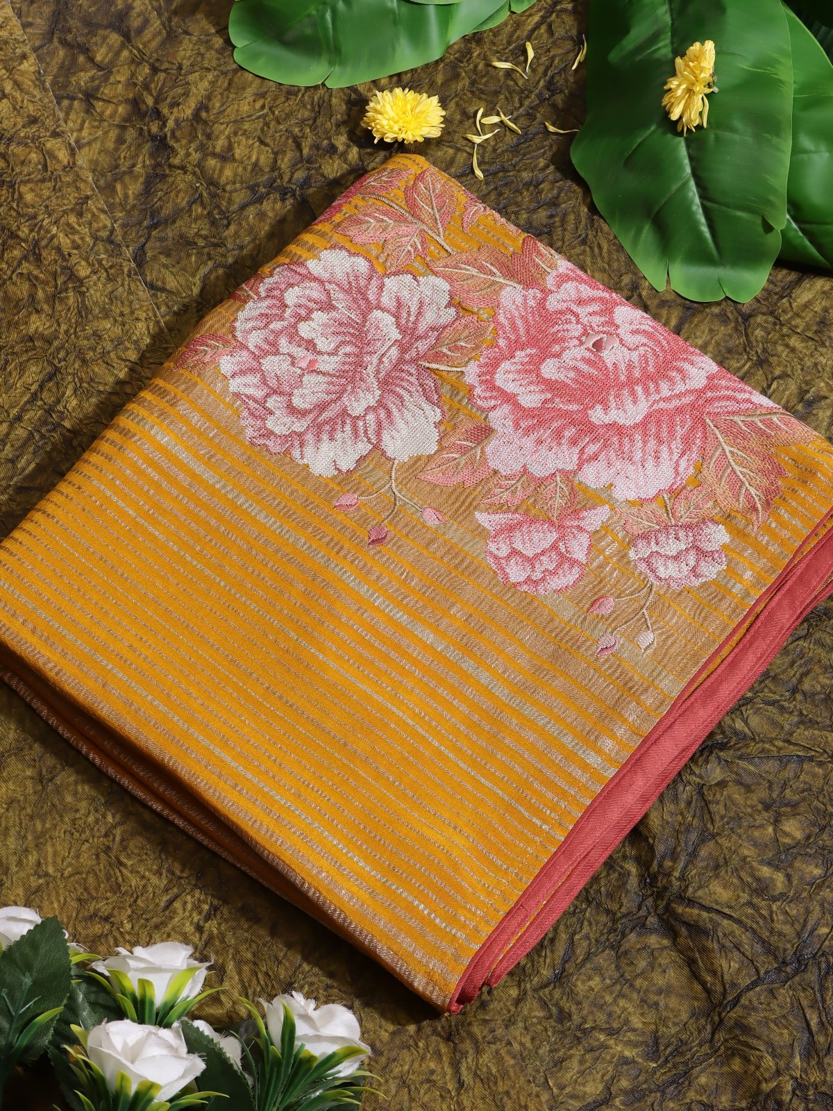 Mustard Embroidered Mysore Crepe Silk Saree (Swara)