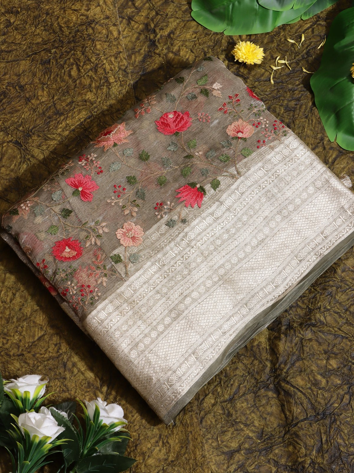 Brown Embroidered Pure Tissue Saree (Swara)