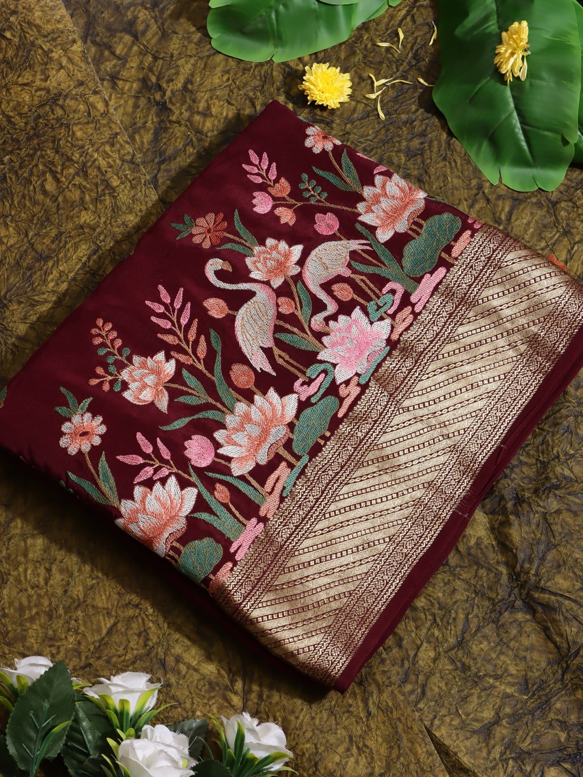 Maroon Embroidered Mysore Crepe Silk Saree (Swara)
