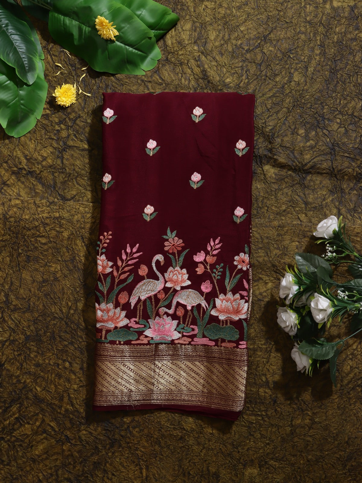 Maroon Embroidered Mysore Crepe Silk Saree (Swara)