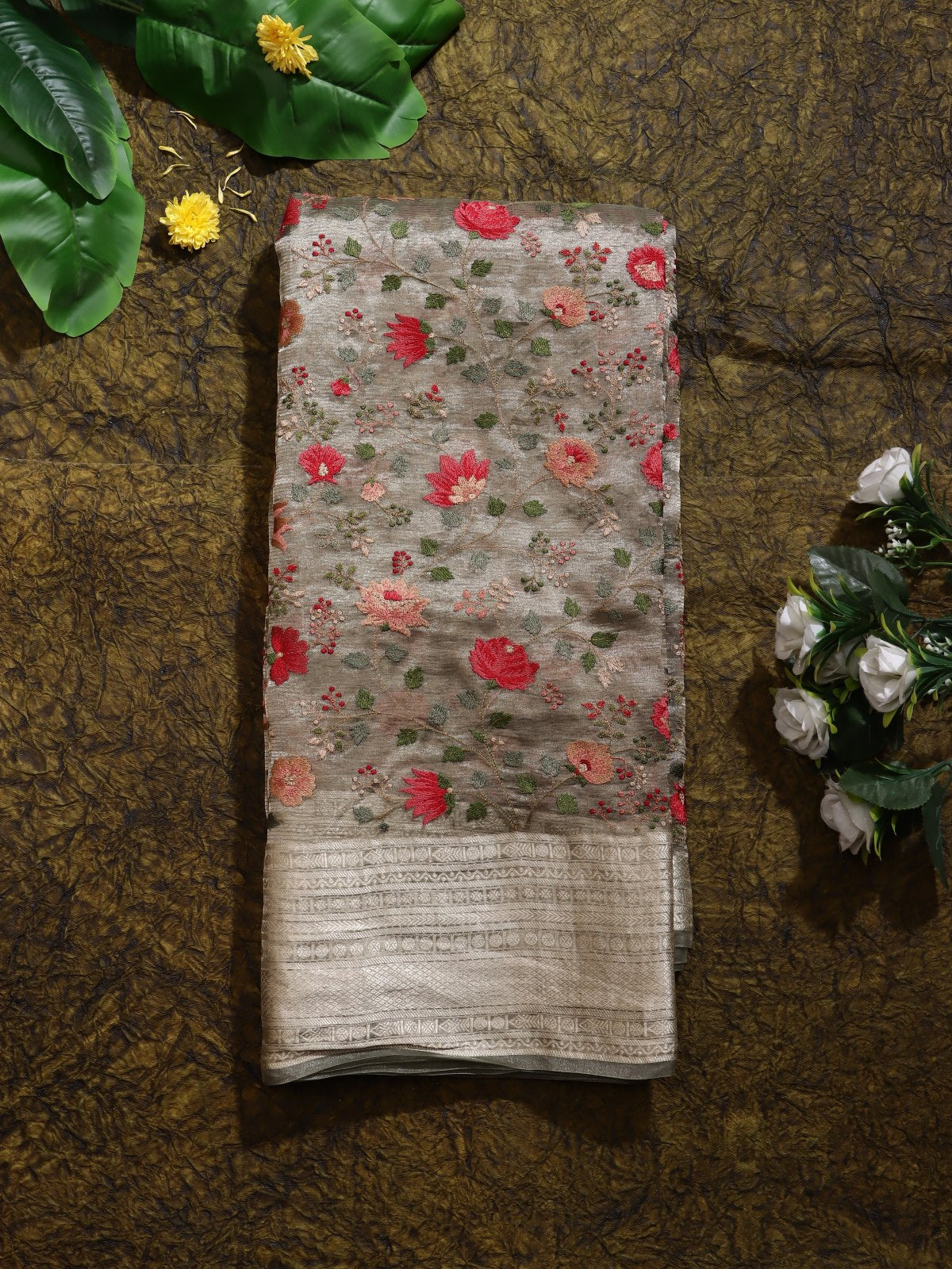 Brown Embroidered Pure Tissue Saree (Swara)