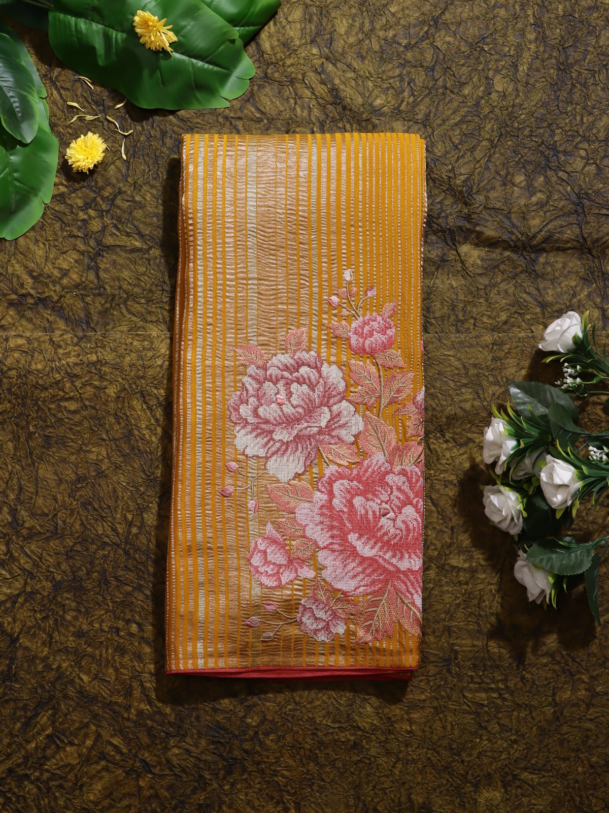 Mustard Embroidered Mysore Crepe Silk Saree (Swara)