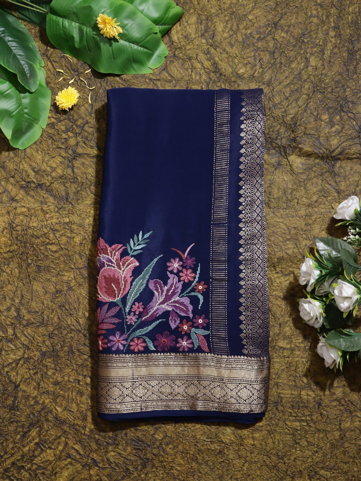 Navy Blue Embroidered Mysore Crepe Silk Saree (Swara)