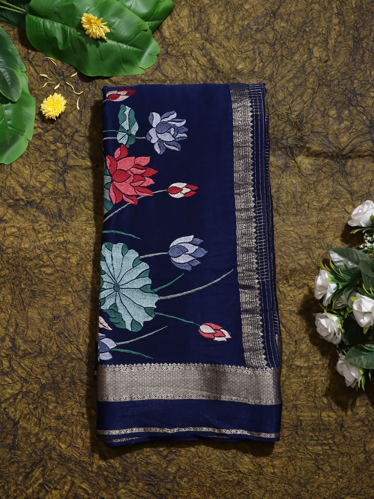 Navy Blue Embroidered Mysore Crepe Silk Saree (Swara)