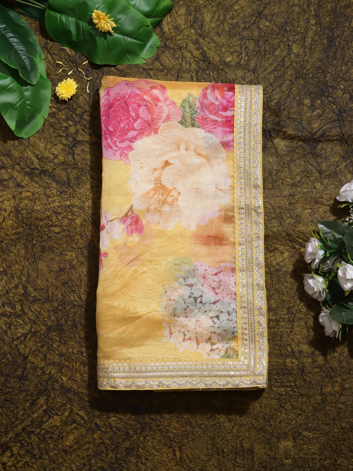 Yellow Digital Print Crepe Saree (Swara)