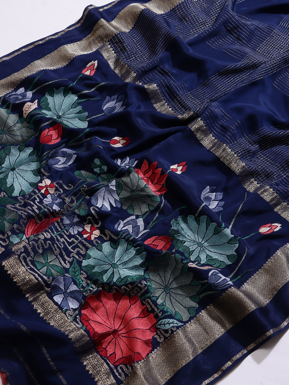 Navy Blue Embroidered Mysore Crepe Silk Saree (Swara)
