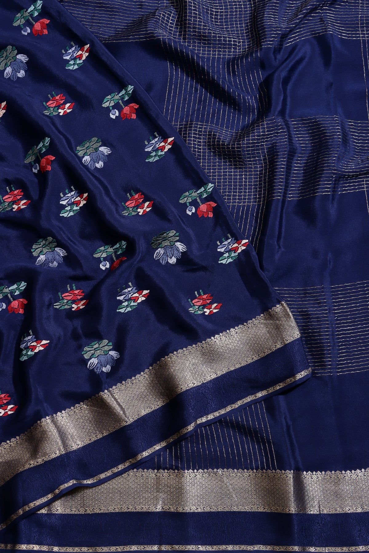 Navy Blue Embroidered Mysore Crepe Silk Saree (Swara)