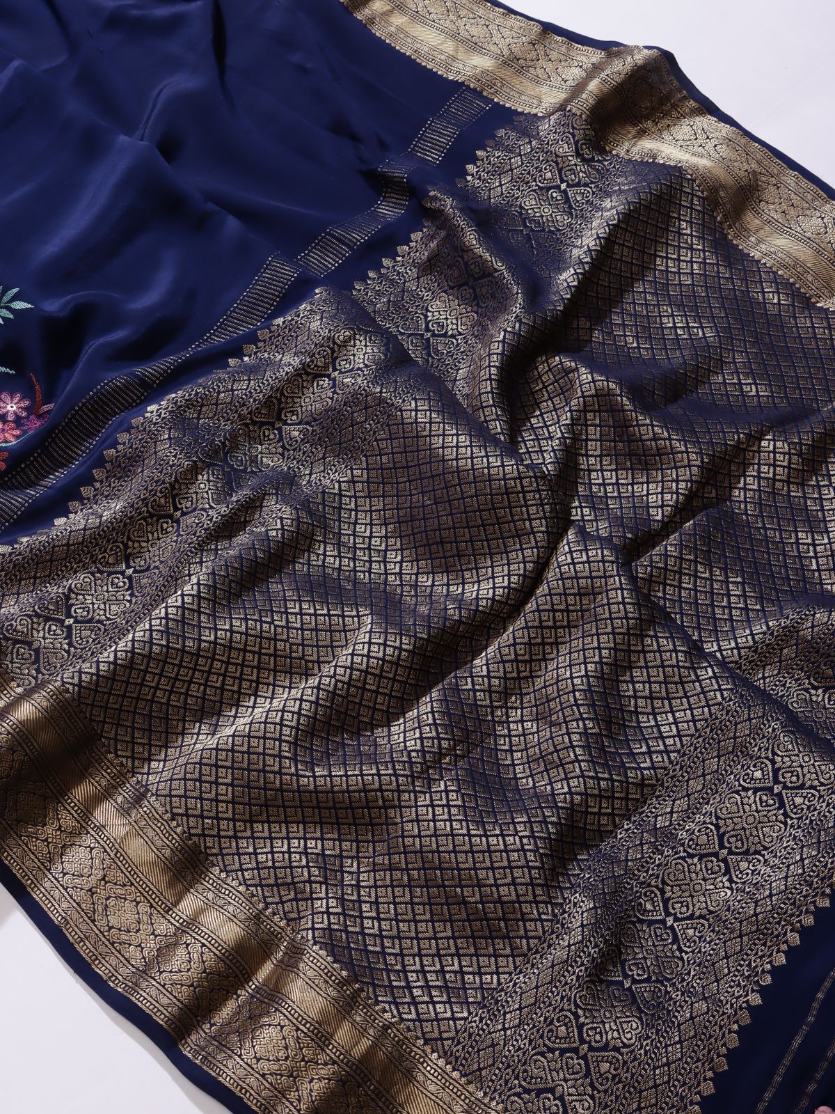 Navy Blue Embroidered Mysore Crepe Silk Saree (Swara)